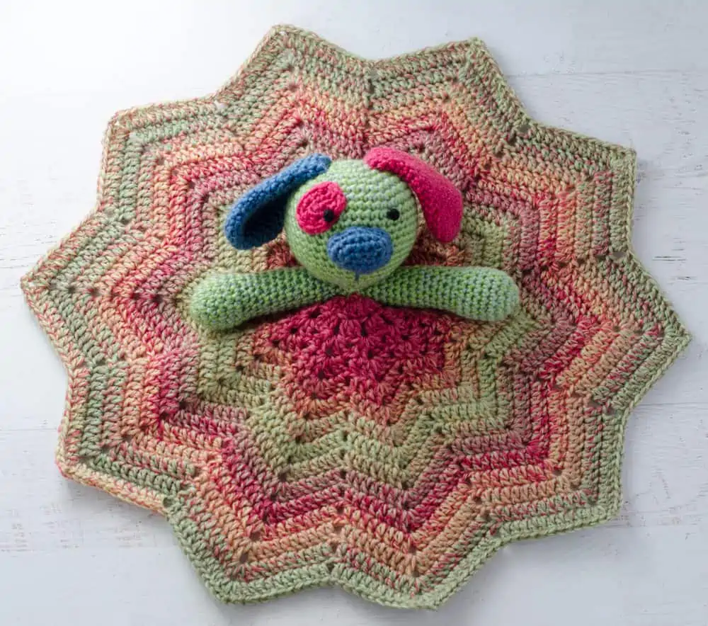 Crochet baby lovey puppy in green, pink and blue