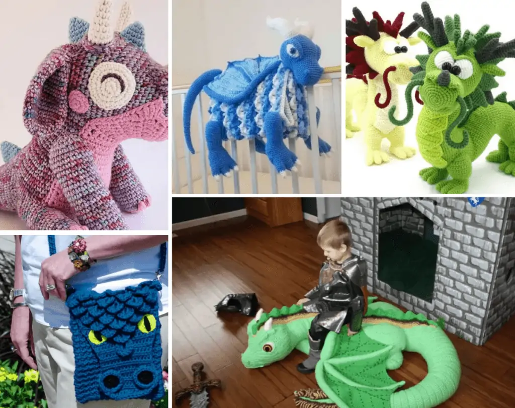 five crochet dragons, one tha's multicolored pink with closed eyes, one that is a blue dragon baby blanket, two chinese dragons, one in green and one that's yellow with red and brown spikes, one blue dragon bag, and one large green dragon with a child sitting on top of it.
