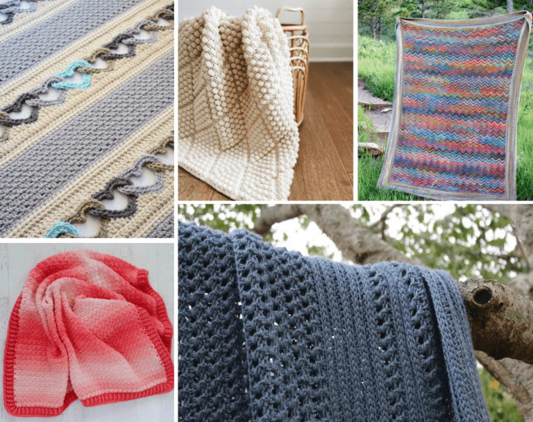 A collage of five crochet blanket patterns, one is a blanket that prominately features rows of heart, one is a white blanket with bobbles in a diamond shape, one is a colorful crochet blanket in a zigzag pattern, one is multiple shades of pink in a gradient, one is blue hanging off a tree branch.