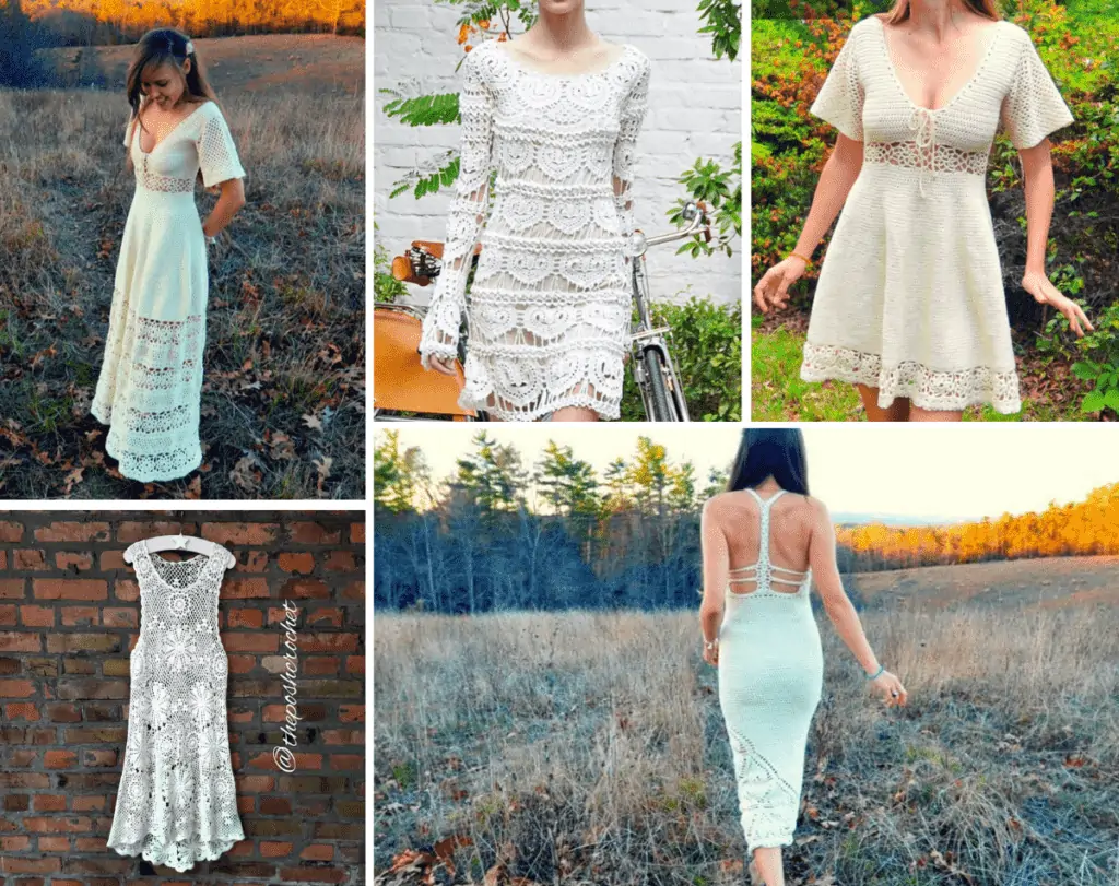 A collage of five wedding dress, one that's long with short sleeves, one that's short with long sleeves and heart lace, one with short sleeves and gaps around the waist, a full lace short dress, and a detailed back.