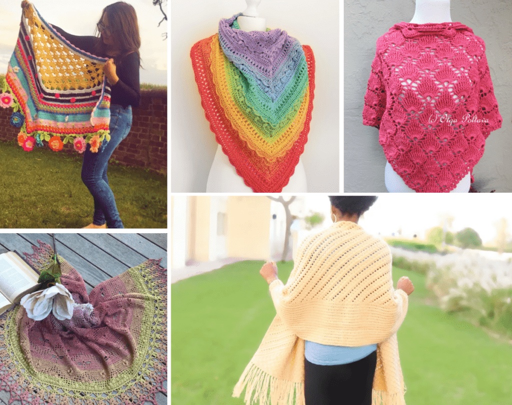 Five different shawl patterns in a collage, one that is multicolored with flower motifs, one that's a triangle rainbow, one that's a pink shell-looking shawl, one the is multicolored and laying on the ground, and one that is all white and drapped across someone's shoulders.