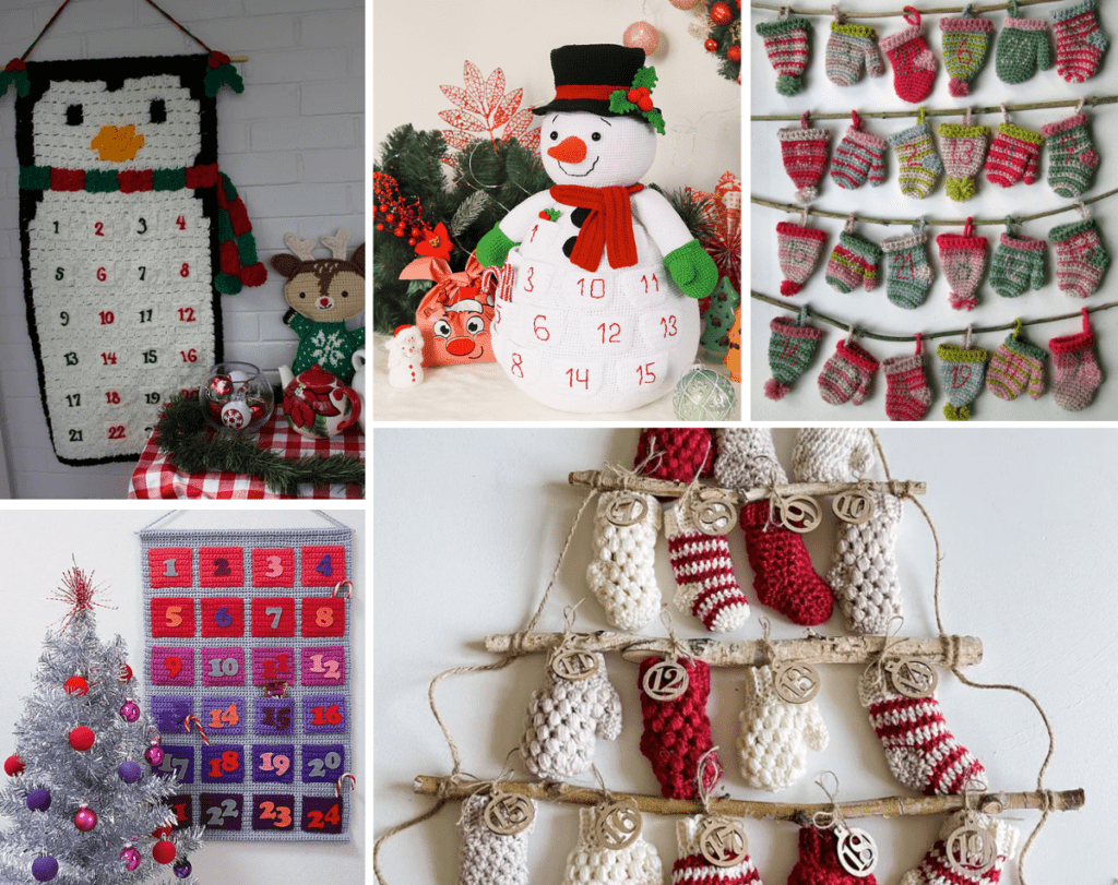 A collage of five crochet advent calendars, one that's a penguin wallhanging with pockets, a snowman pillow with pockets, rows of crochet ornaments hanging on a branch, a wallhanging with ombre pockets, and rows of branches with mitton and stocking ornaments that make this look like a Christmas tree.