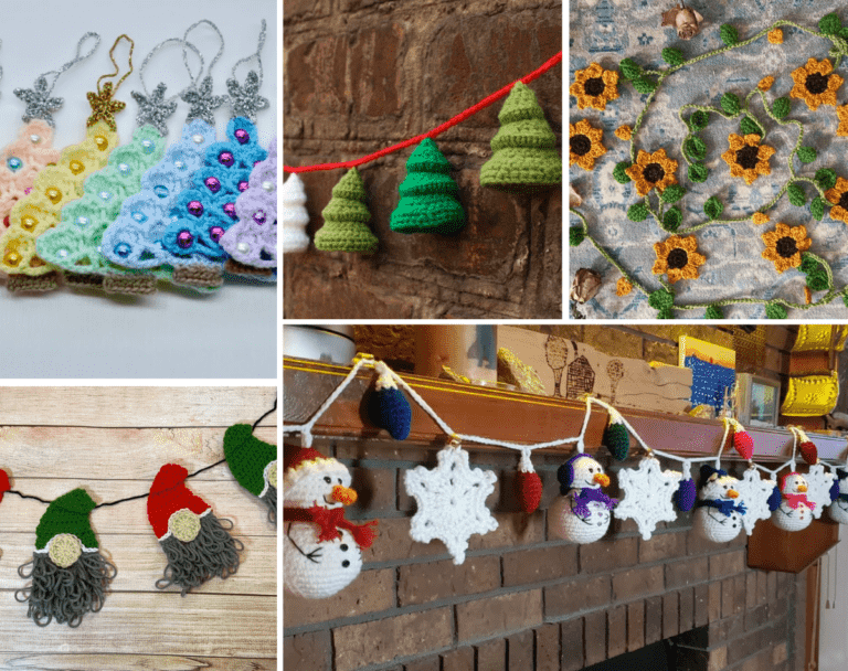A collage of different crochet garlands, include little crochetmas trees with ornaments, 3D Christmas trees, a sunflower garland, 2D gnome garland, and a garland with snowflakes, snowmen, and christmas lights.