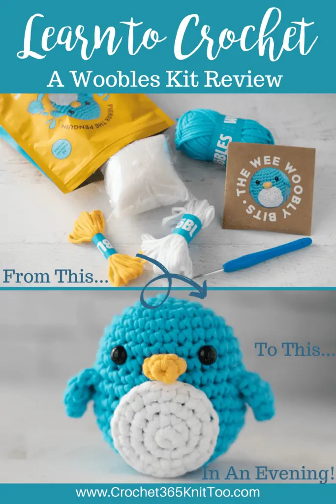Product image showing kit contents and completed blue crochet penguin