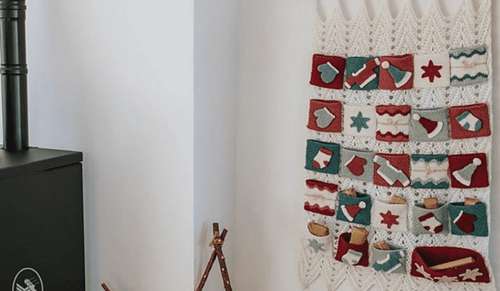 A wall hanging with different pockets to put items in.