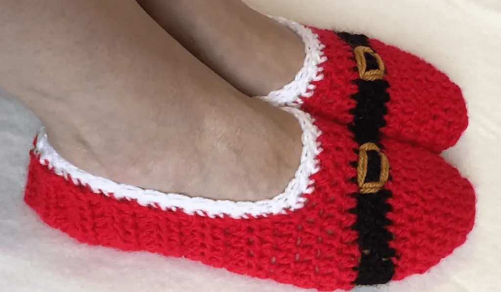 Santa Claus-looking crochet slippers.