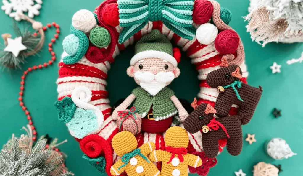 A candy can wreath with a Santa amigurumi in the center, reindeer, gingerbread men, and little yarn balls.