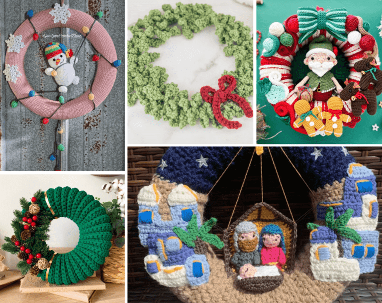 A collage of five crochet Christmas wreath patterns, one is a snowman wrapped in string lights, one looks like a classic wreath, one is a candy can wreath with Santa, reingdeer, gingerbread men, and yarn balls, one that is prodminately green with plasic hollies, leaves, andpine cones, and one that looks like a nativity scene with little buildings.