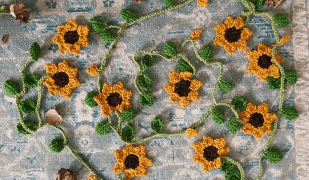A sunflower garland with the string that looks like a stem and tiny leaves on it.