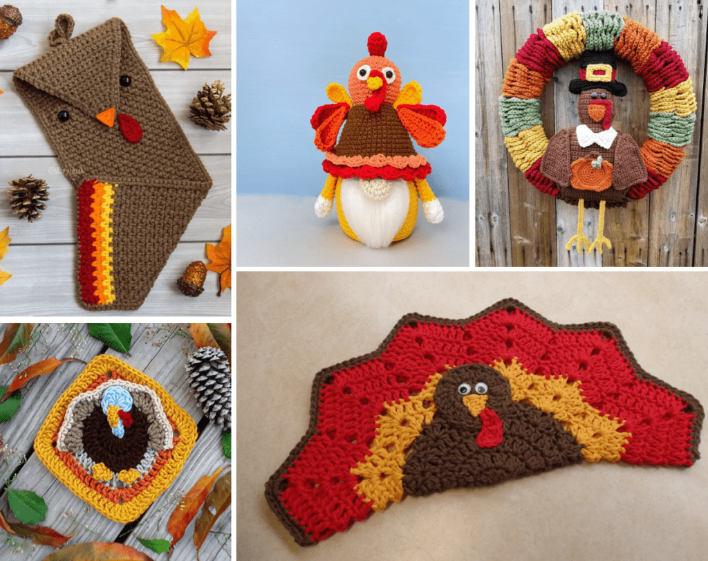 Five patterns in a collage, a turkey towel, a turkey gnome, a turkey wreath, a turkey granny square, and a turkey placemat.