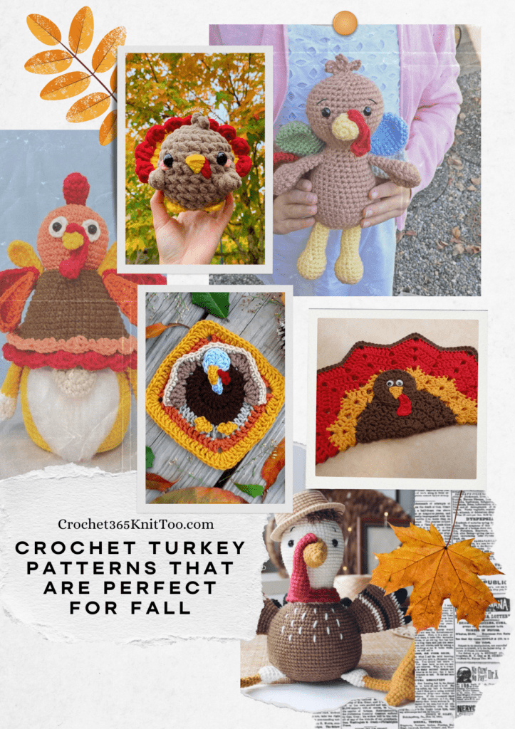 The Pinterest image for crochet turkeys, includeing six patterns in a collage, a turkey amigurumi, a circular turkey amigurumi, a turkey gnome, a turkey granny square, a turkey placemat, and a realistic turkey amigurumi.