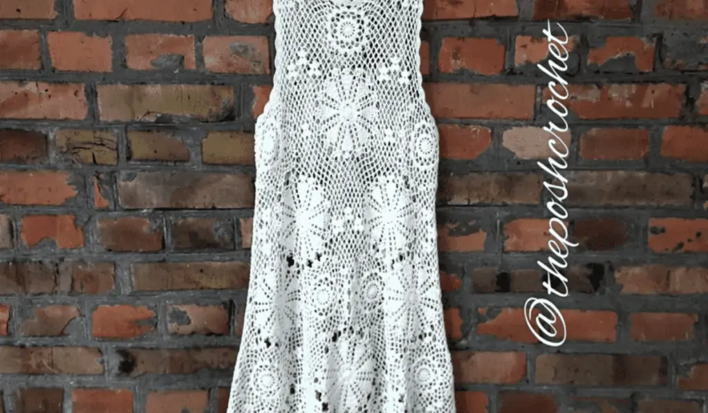 A lacey dress with different circles of detailing within the lace.