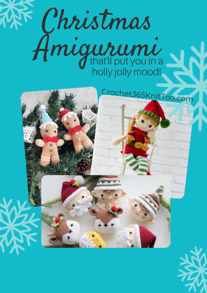 A pinterest image that says "Christmas Amigurumi that'll put you in a holly jolly mood" with three patterns, one is gingerbread men, one is a crochet elf, one is amigurumi doll heads that includes two santas, two elves, two reindeer, and a cupcake.