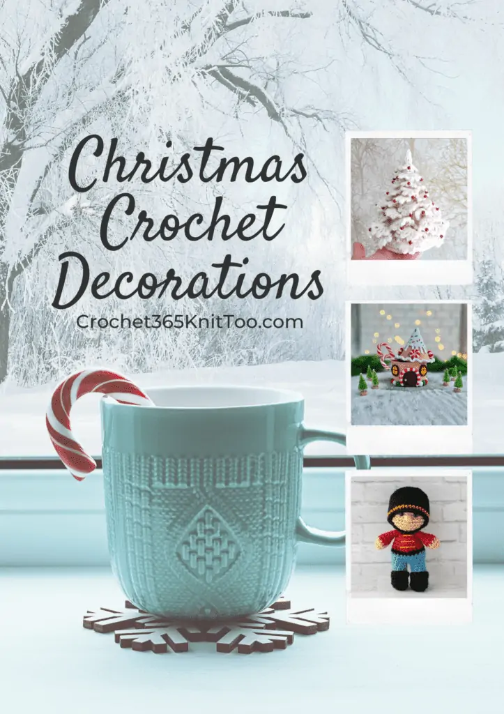 Pinterest post which features a mug with a candy cane in it and three crochet patterns, include the white crochet Christmas tree, a crochet gingerbread house basket, and a crochet nutcracker amigurumi.