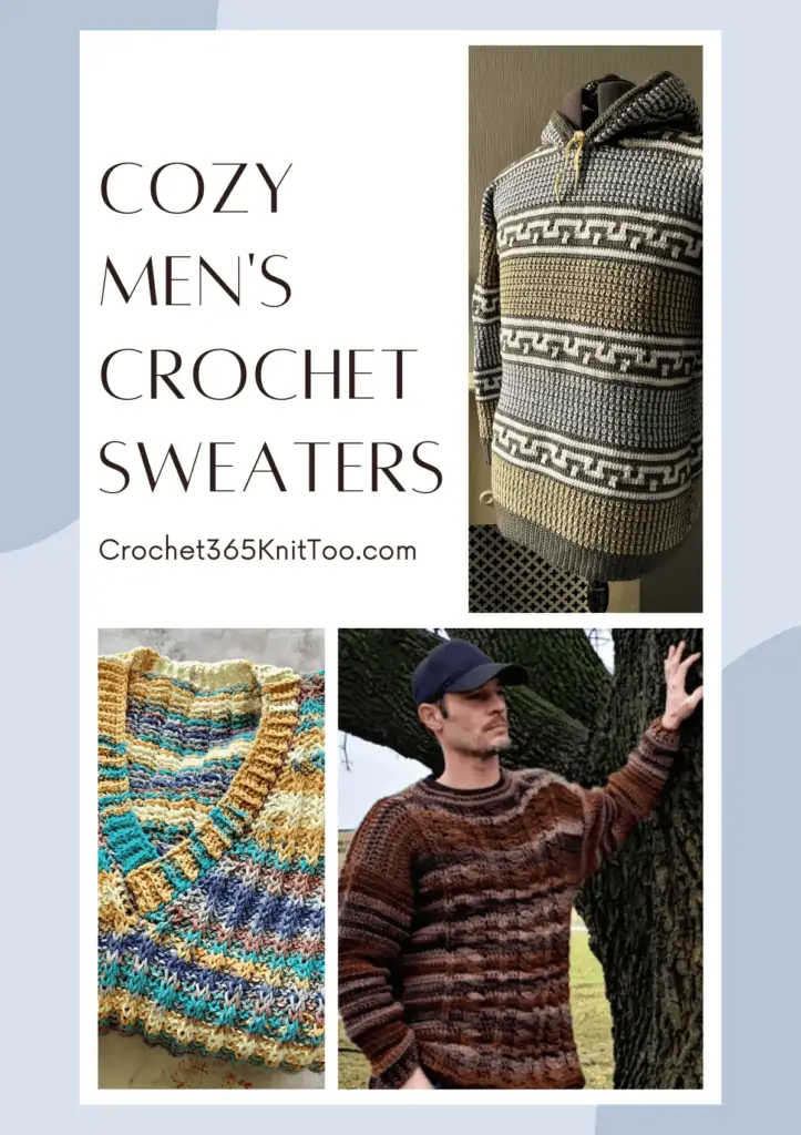 Three cozy crochet sweaters in a collage for pinterest, one is colorful with a v-neck, one is in varying shades of brown and looks more retro, and one is in muted colors with line work in different stripes.