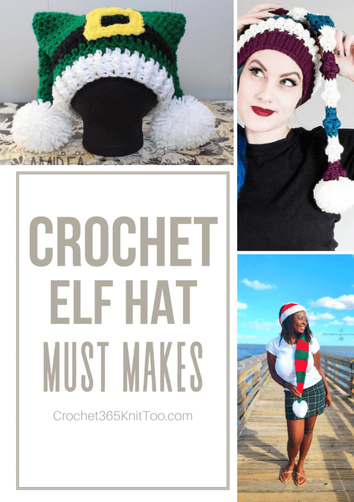 A Pinterest image with three crochet elf hats, one thats green with two-tails with a gold buckle, one that's purple, blue, and white with a white yarn ball, and one that's extra long with red and green yarn stripes.