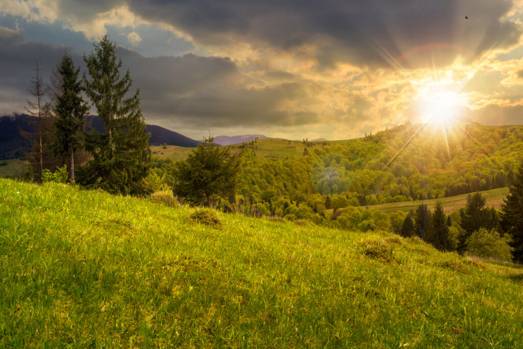 Meadow and mountains at sunset