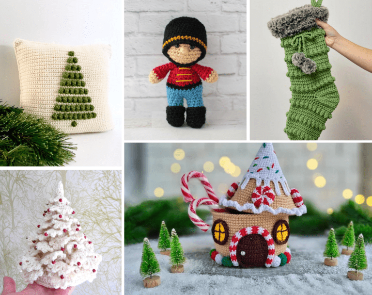 A collage of different crochet patterns, including a white crochet pillow with a green pine tree, a crochet nutcracker amigurumi, a green crochet stocking, a white pine tree, and a crochet gingerbread house basket.