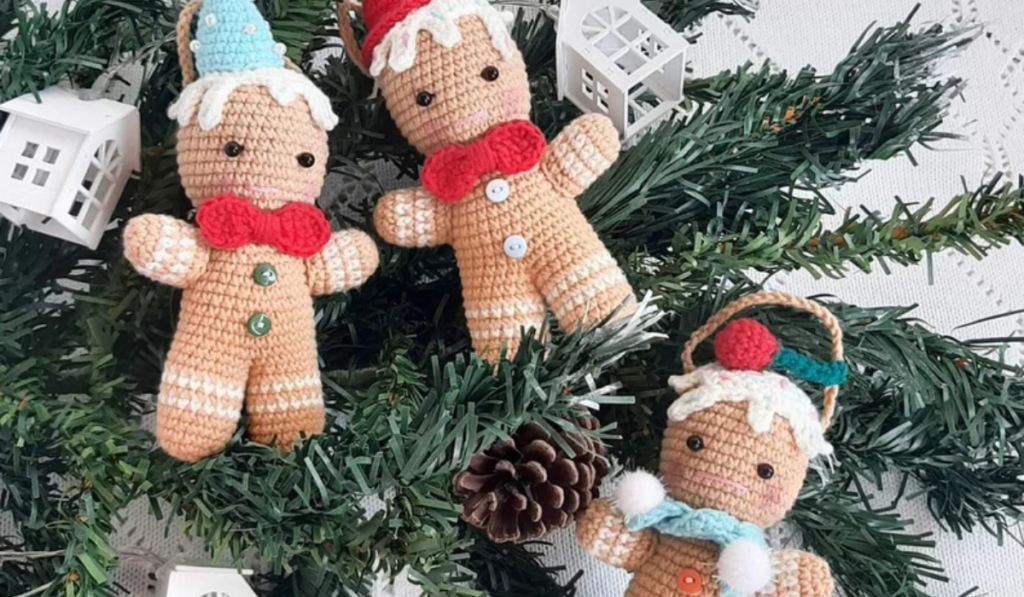 Three amigurumi gingerbread men ornaments