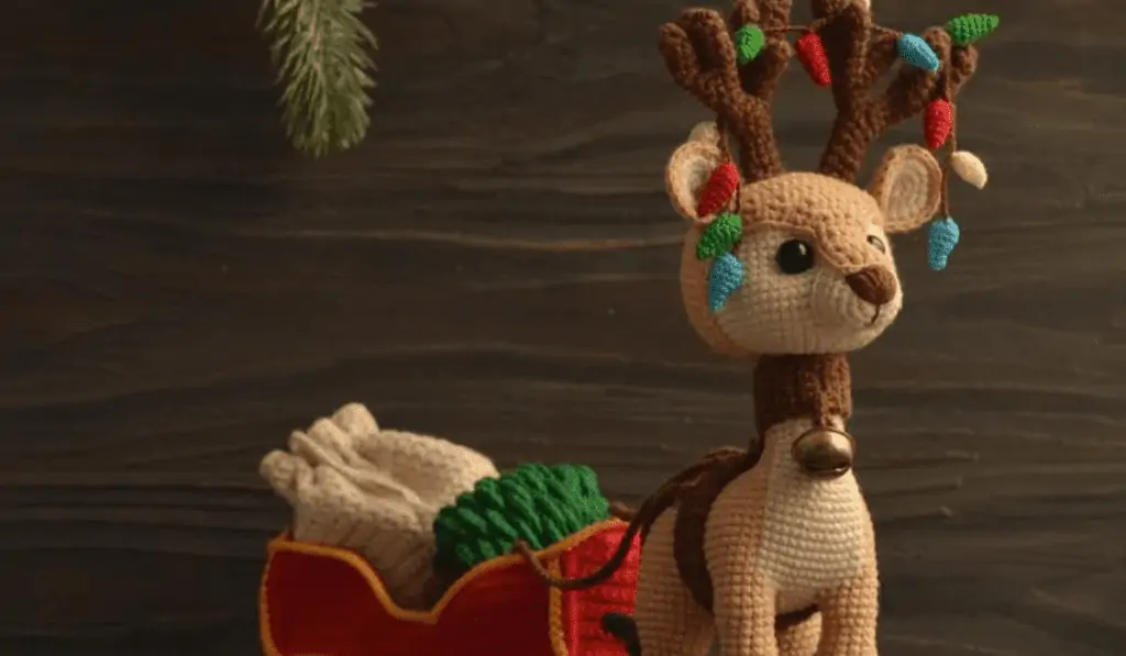 An amigurumi reindeer with Christmas lights in the antlers, pulling a sleigh with a mini Christmas tree in the sleigh.