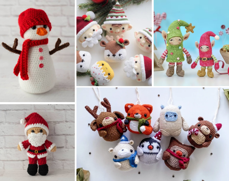 A collage of five amigurumi patterns, one is a crochet snowman, one is a crochet Santa, one is crochet doll heads, one is small crochet elves, and one is Winter animal ornaments that includes a reindeer, a fox, a yeti, a bear, a polar bear, a penguin, and an owl/