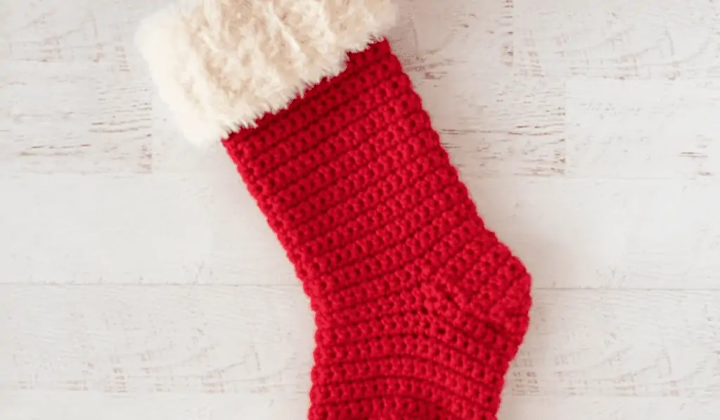 A classic, red and white crochet stocking.