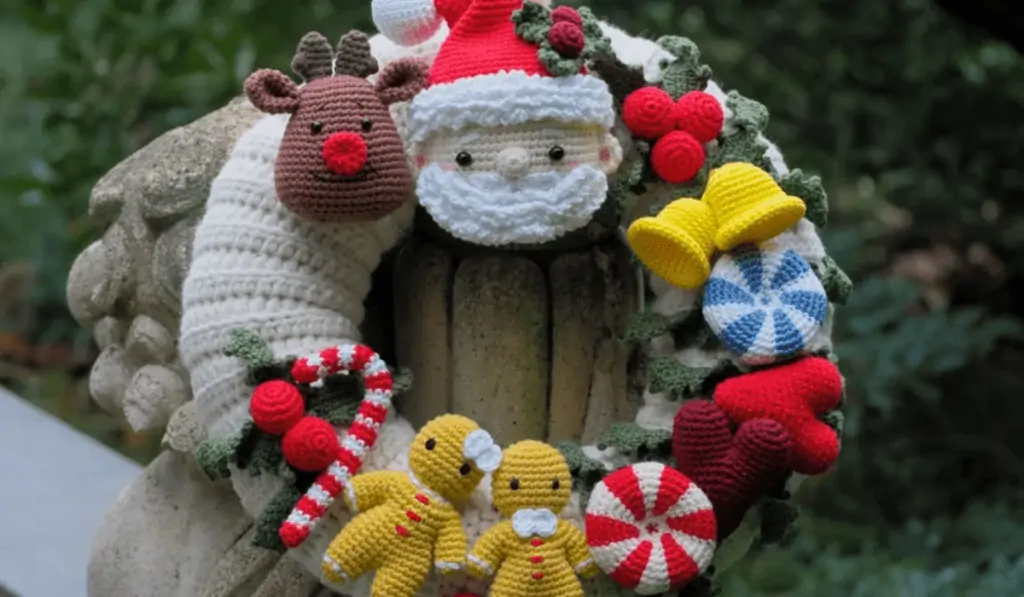 An all-white wreath with a variety of amigurumi on it.