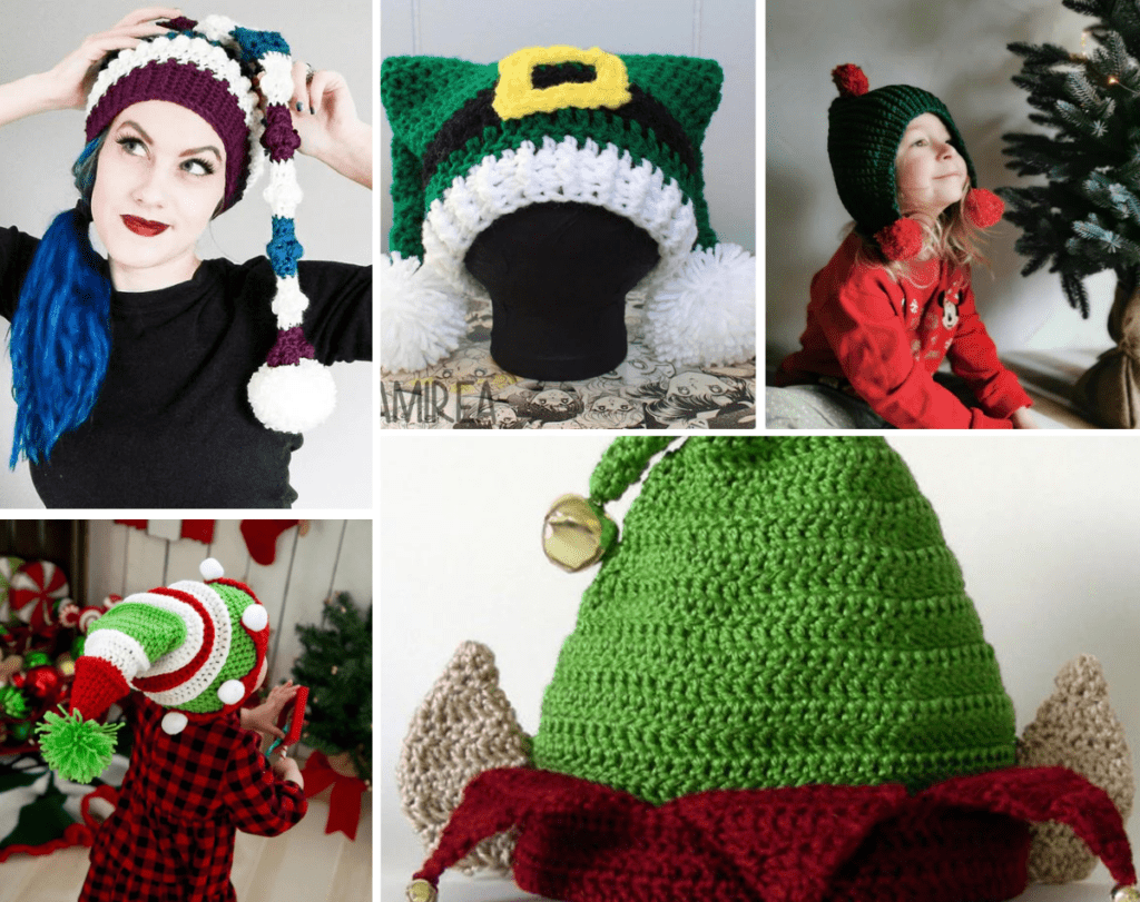 A collage of five crochet elf hat patterns, one is a bumpy hat made out of purple, white, and blue yarn, one that's two-tailed green with a yellow buckle, one thats a green hood with red yarn balls, one that's red, white, and green with white balls on triangle peaks around the rim, and on that's small with a jungle bell and crochet elf ears.