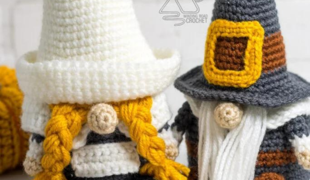 two crochet pilgrim gnomes