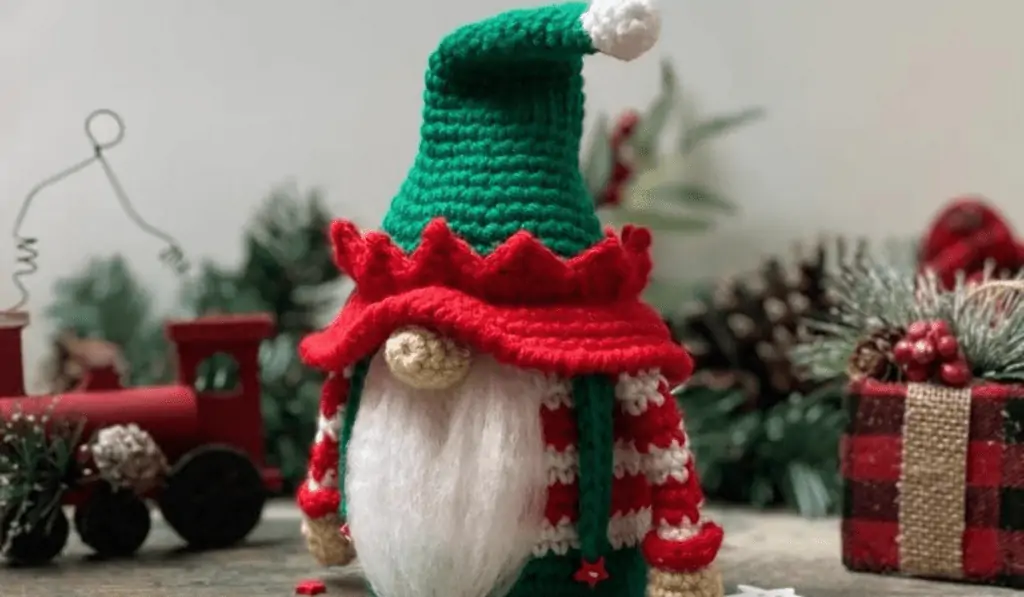 red, white, and green crochet Christmas gnome
