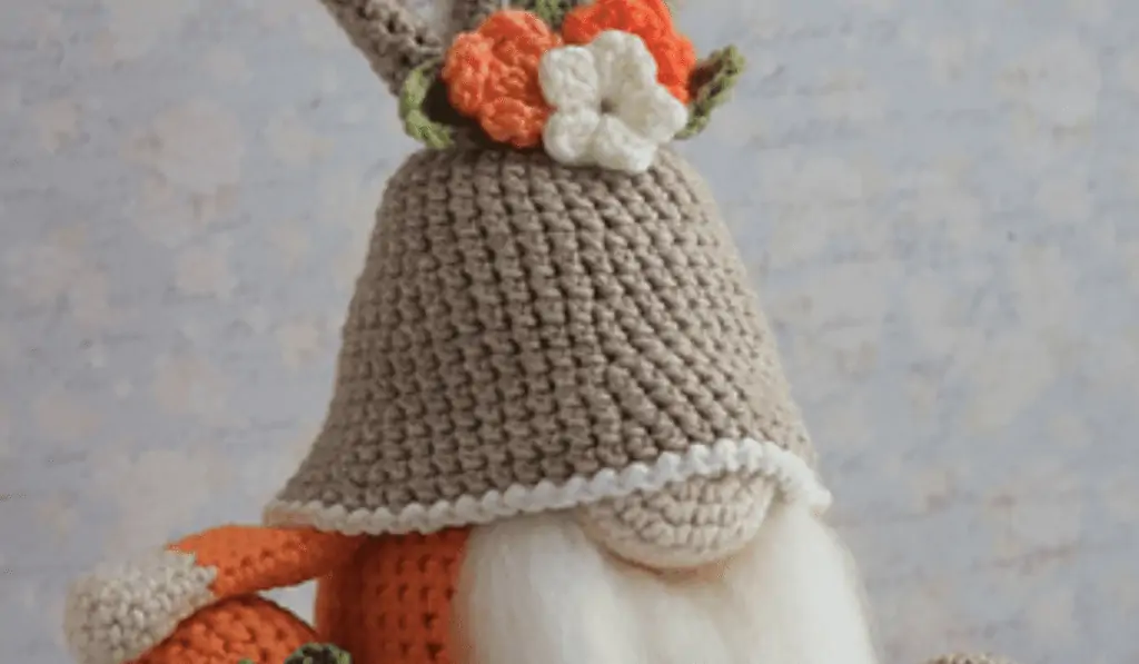 crochet easter bunny gnome with carrot and egg