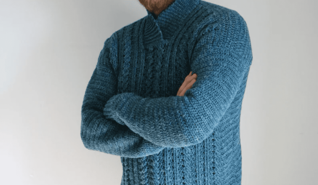 A blue crochet sweater