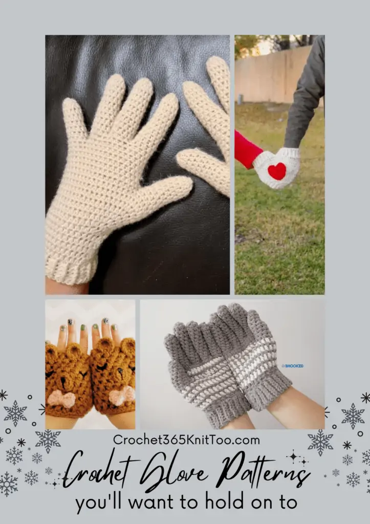 A pinterest image featuring white crochet gloves, a crochet glove for holding hands, bear fngerless gloves, and grey crochet gloves with white stripes on the palms.