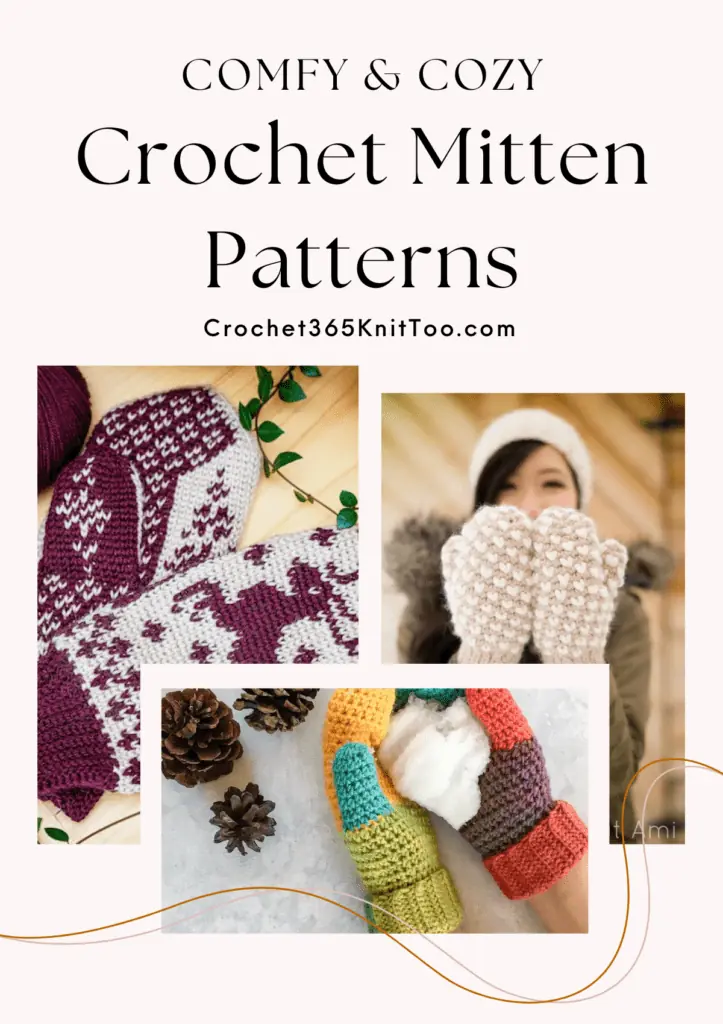 A Pinterest image featuring three crochet mittens, one that's white with a purple deer detailing, one that's beige with white hearts, and one that is multiple different blocks of colors on the gloves.