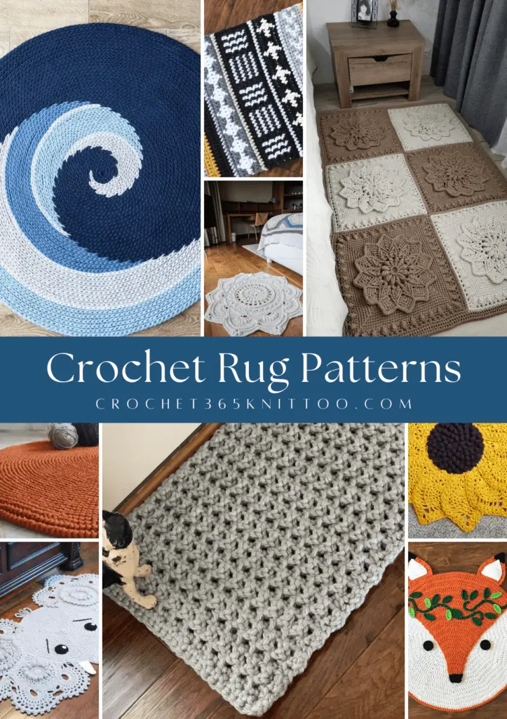 The pinterest image for crochet rugs which features a collage of many different rugs, include a circular wave rug, the scrap rug with geometric designs, the flower rug, a rectangle rug with flower squares, a orange circle rug, a rug that looks like and elephant, a basic grey rectangle rug, a sunflower rug, and a rug that looks like a fox.