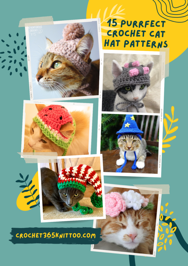 A Pinterest collage with six different cat hats, one is a snow hat with a pom pom, one is a grandma hat with curlers, one is a watermelon hat, one is a wizard cat, one is a Christmas elf hat, and one is a flower crown.