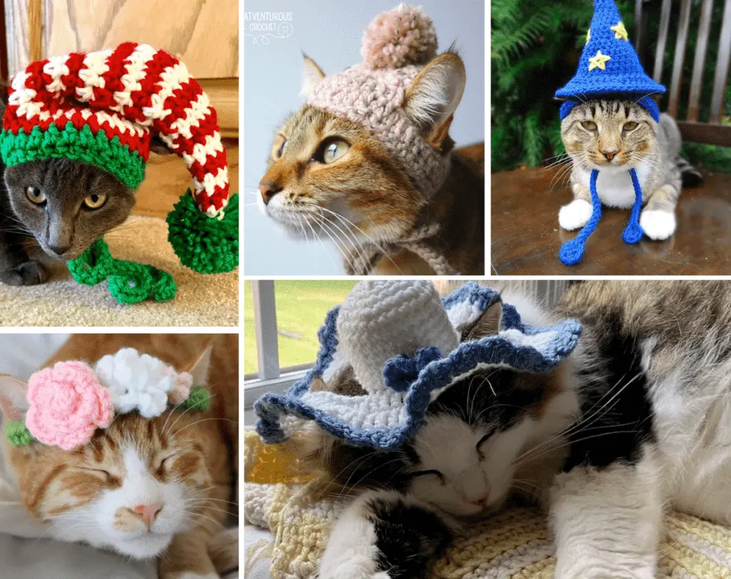 A collage of five crochet cat hats, including a Christmas elf cat hat, a snow hat with a pom pom, a wizard cat hat, a cat flower crown, and a kentucky derby wide brim cat hat.
