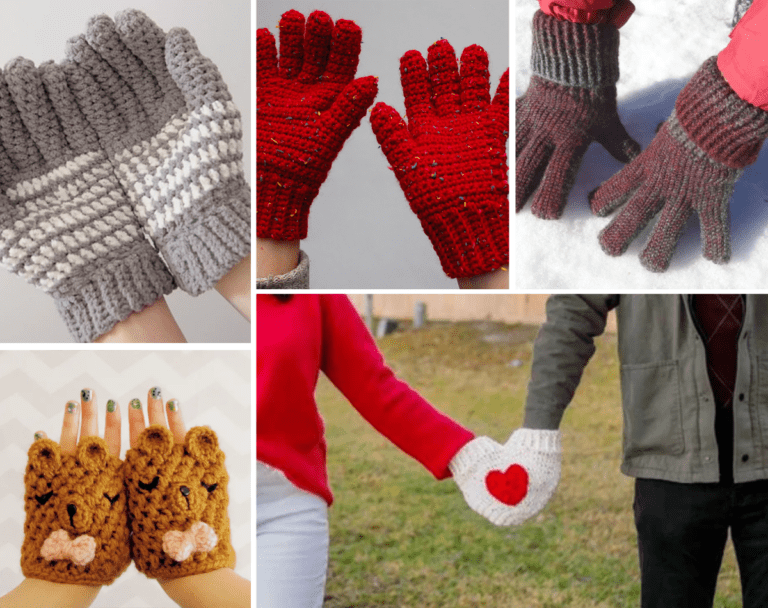 A collage of five patterns, including grey crochet gloves with a white stripe, red crochet gloves, crochet gloves with a folded cuff, bear-shaped fingerless gloves, and a crochet glove that people can wear while holding hands.
