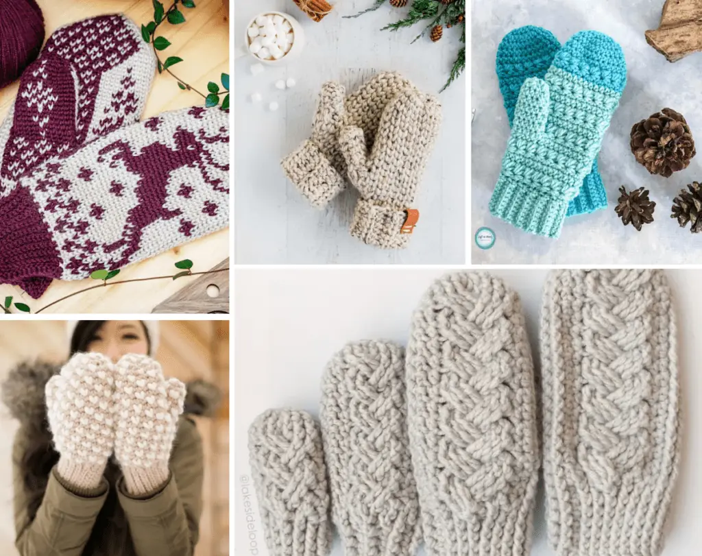 A collage of five crochet mittens, one that is white with a purple deer on it, on that's off white with black specs of color, one that's a blue ombre, one that's beige with white heart-shaped stitches, and one that's off white with cable stitches.,