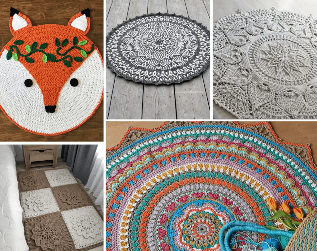A collage with different rug patterns, including a fox rug, a grey and white flower rug, a doily rug, a rectangle rug made up of different flower squares, and a boho rug with vibrant colors.