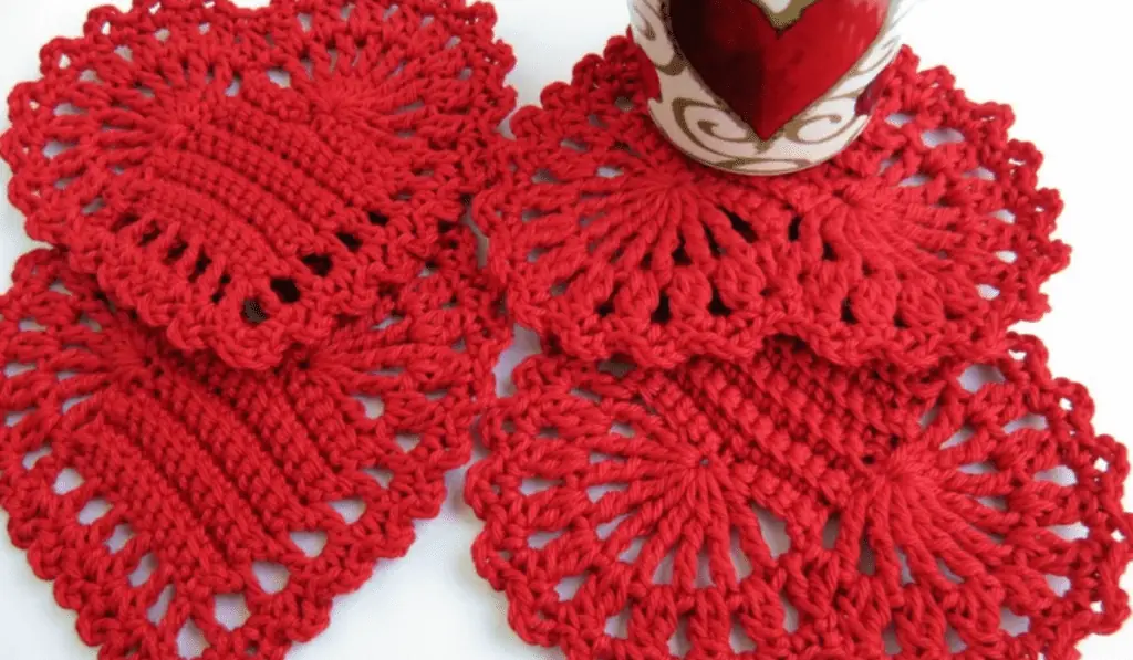 Crochet heart coasters.