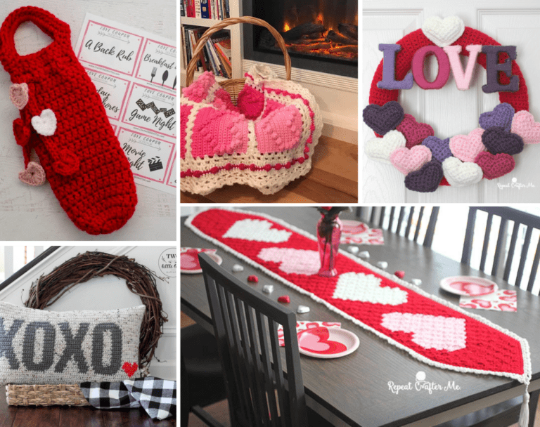 A collage featuring five crochet Valentine's Day patterns, including a red wine cozy, a heart afghan, a wreath with the word love in block letters and small heart motifs around the bottom, a pillow that says XOXO with a small heart at the bottom, and a red table runner with hearts on it.