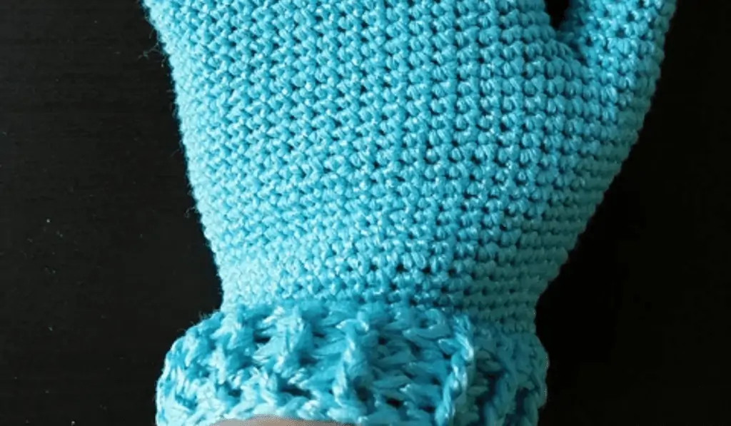 Blue crochet gloves.