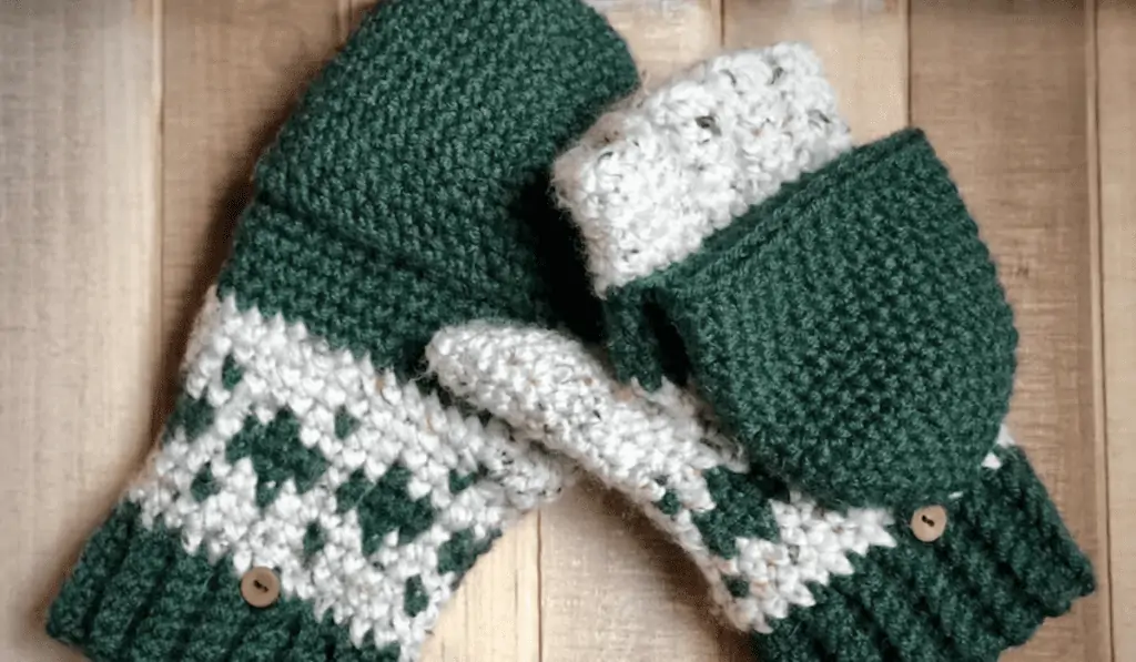 Green and white crochet mittens.