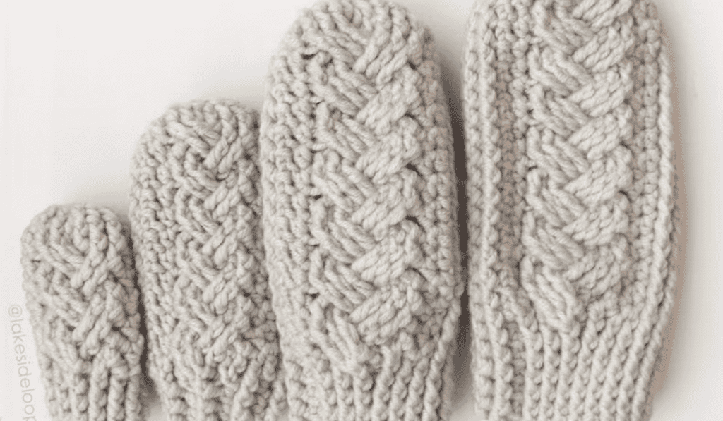 Cable knit-looking mittens in four sizes.