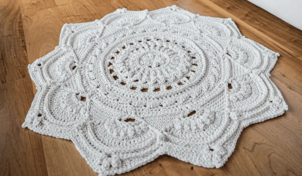 A doily rug pattern in white yarn.