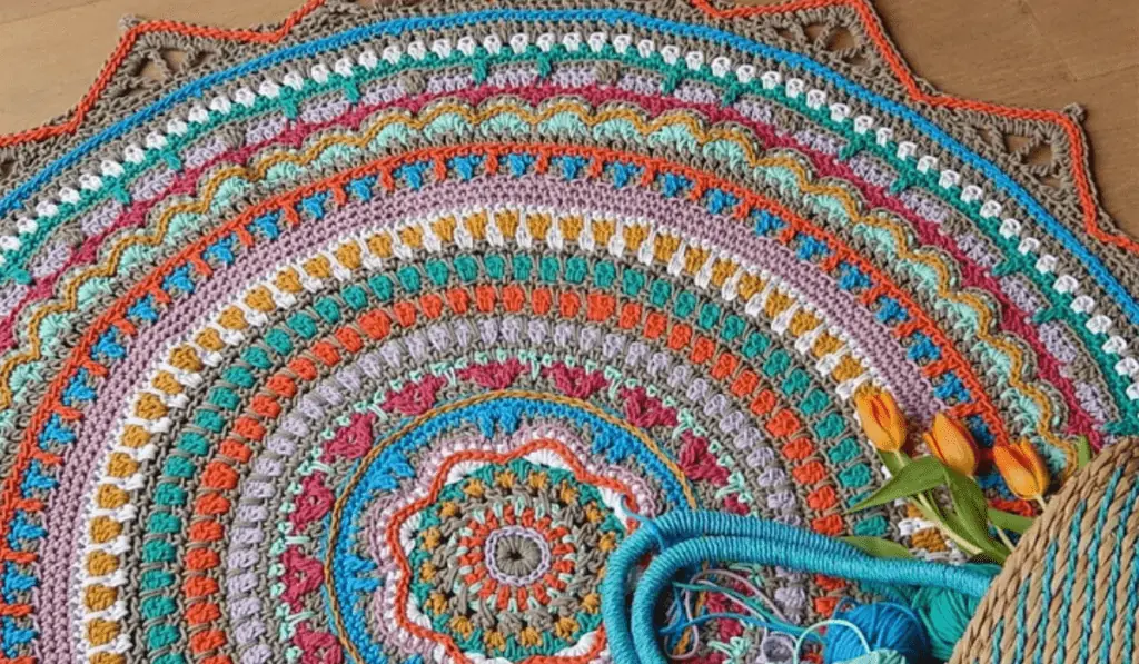 A boho circle rug with vibrant colors.