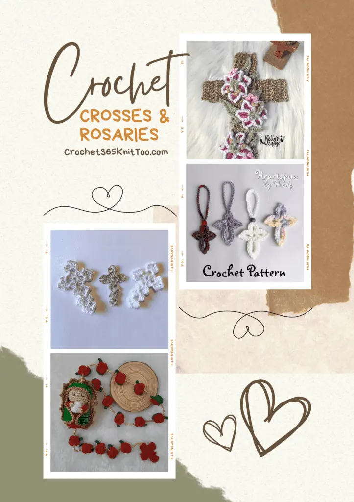 A collage of four crochet patterns for Pinteresting, including a beige cross with three pink flowers, small bracelet crosses, lacy crosses, and a rose rosary with an amigurumi of our lady Guadalupe.