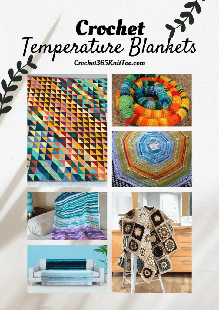 A Pinterest image for crochet temperature blankets, including a square style blanket, a temperature snake, a circular blanket, two blankets of rows in different colors, and one blanket that is different flowers.