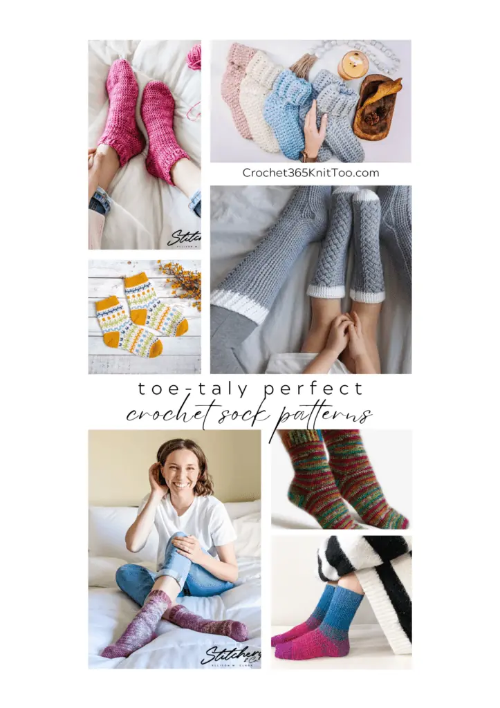 Crochet Socks Pinterest collage, including pink crochet socks, mosaic crochet socks, chunky crochet socks, cabeled crochet socks, pink heathered crochet socks, multicolored crochet socks, and crochet socks that are blue, pink, and purple.